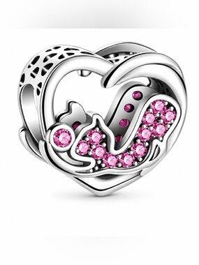 925 Sterling Silver Cat Playing with Yarn Heart Charm Pink CZ-NEW